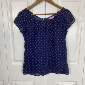 Lilly Pulitzer Size S Button Blouse Top Keyhole Pinup Navy Blue Short Sleeve